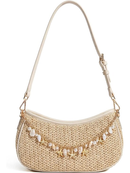 Handbags - Straw Shoulder Bag for Women, Boho Woven Raffia Hobo Purse with Charm Chain, Adj